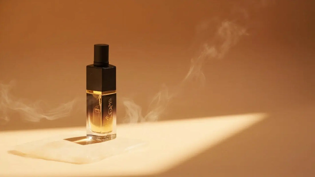 premium arabic perfume bottle on stone with warm amber studio lighting