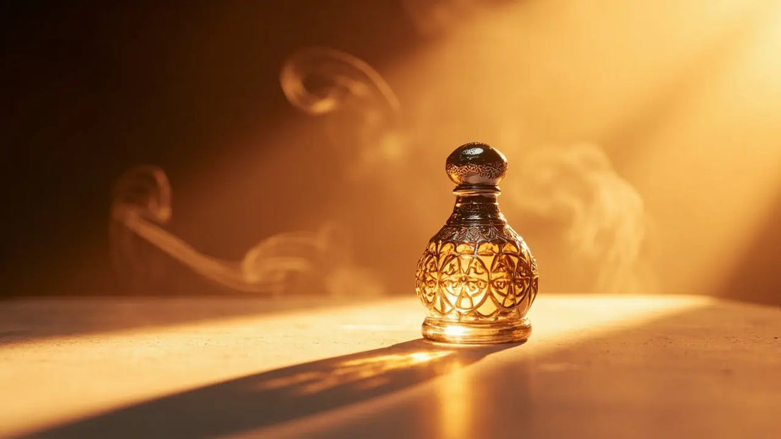 ornate arabic perfume bottle on stone with warm amber light and haze
