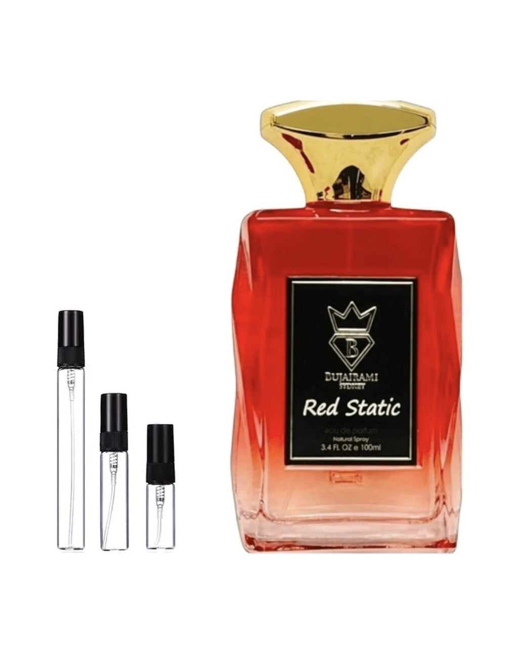Bujairami Red Static sample – decant naast de volle fles ter herkenning