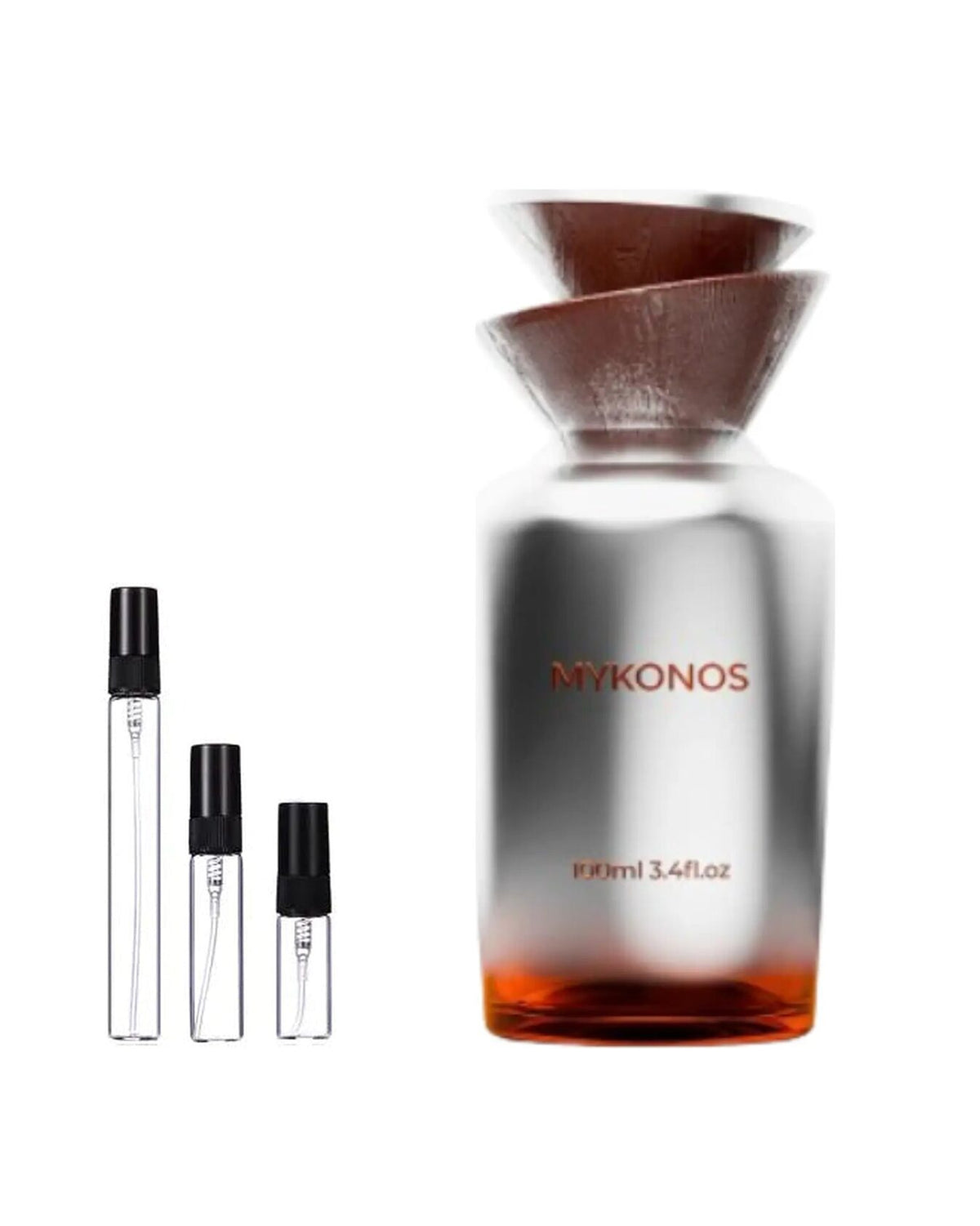 Mykonos Reflection sample – decant naast de volle fles ter herkenning