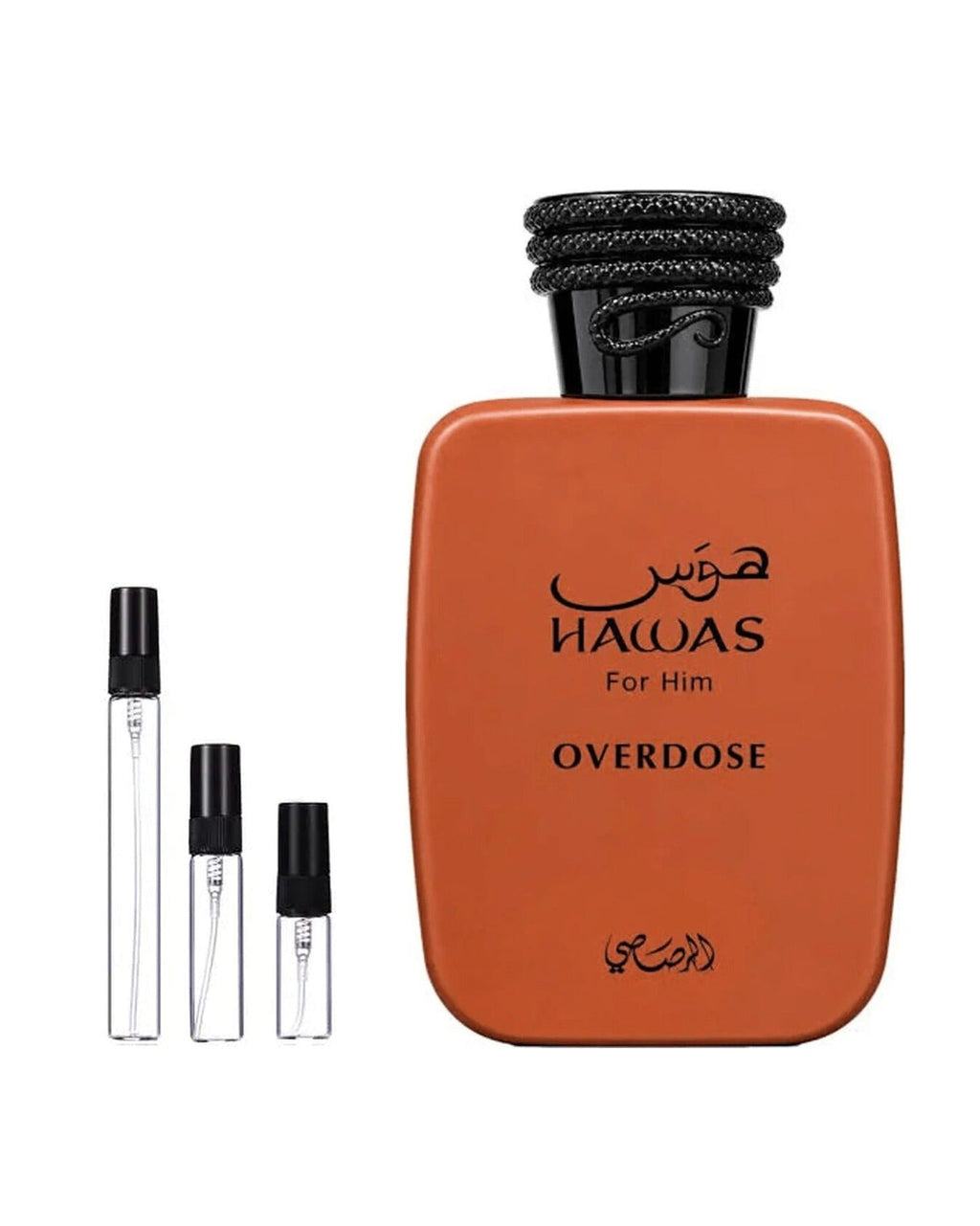 Rasasi Hawas Overdose sample – decant naast de volle fles ter herkenning